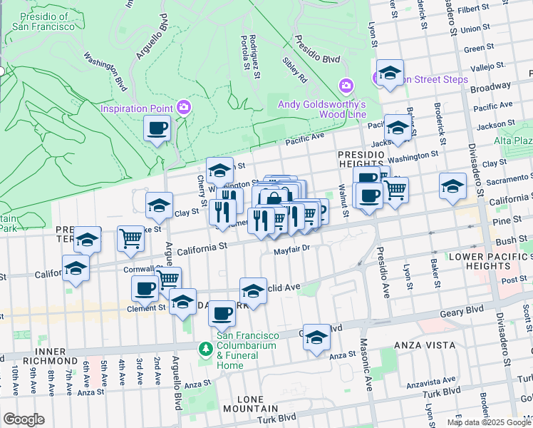map of restaurants, bars, coffee shops, grocery stores, and more near 305 Spruce Street in San Francisco