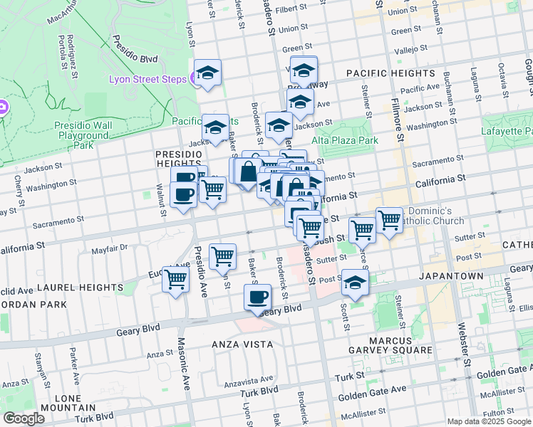 map of restaurants, bars, coffee shops, grocery stores, and more near 2901 California Street in San Francisco