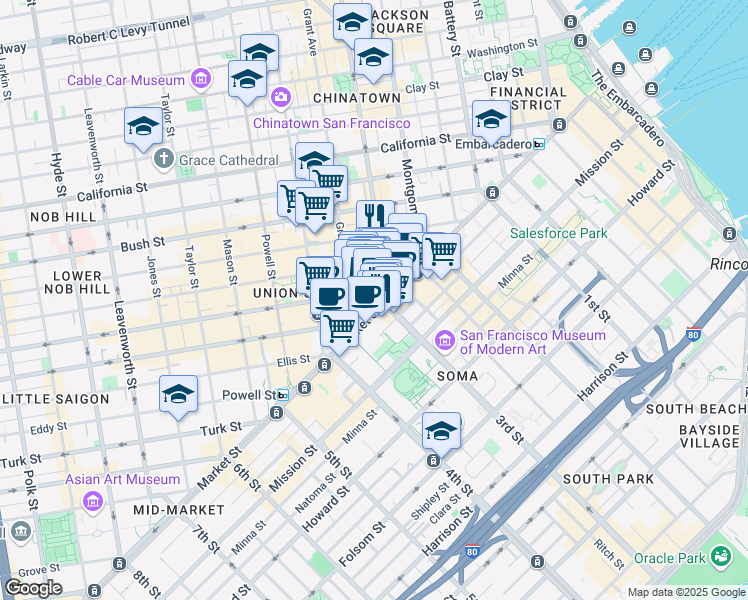 map of restaurants, bars, coffee shops, grocery stores, and more near 58 Geary Boulevard in San Francisco