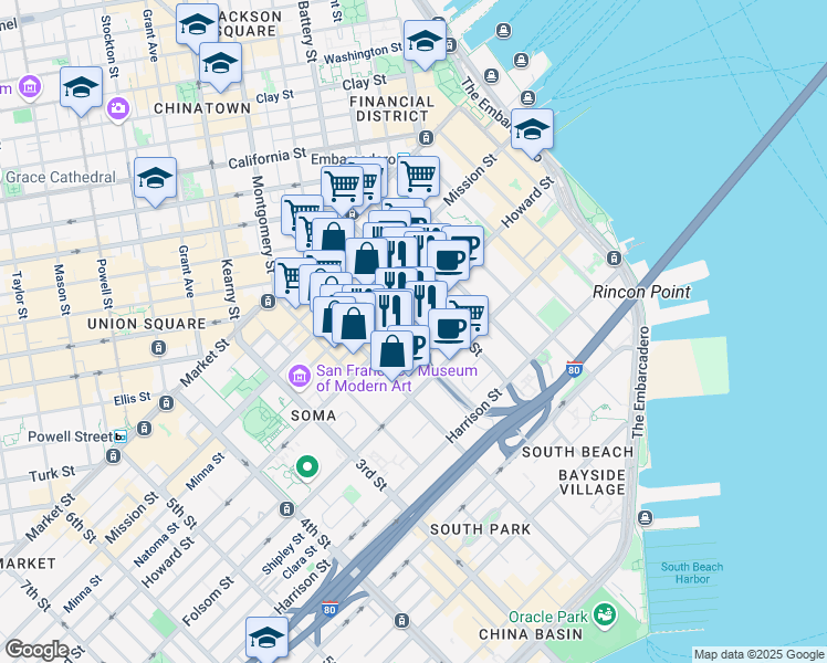 map of restaurants, bars, coffee shops, grocery stores, and more near in San Francisco