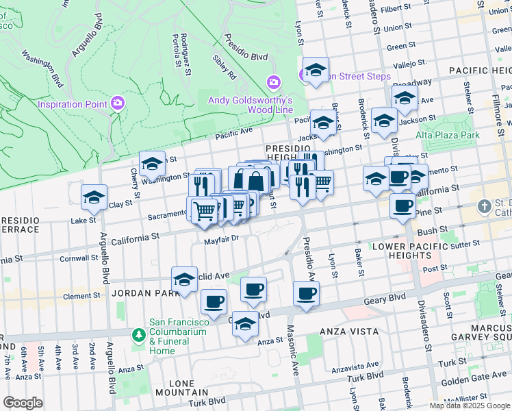 map of restaurants, bars, coffee shops, grocery stores, and more near 3465 Sacramento Street in San Francisco