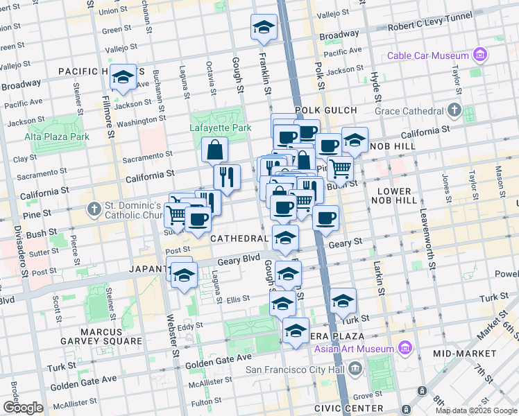 map of restaurants, bars, coffee shops, grocery stores, and more near Gough Street in San Francisco