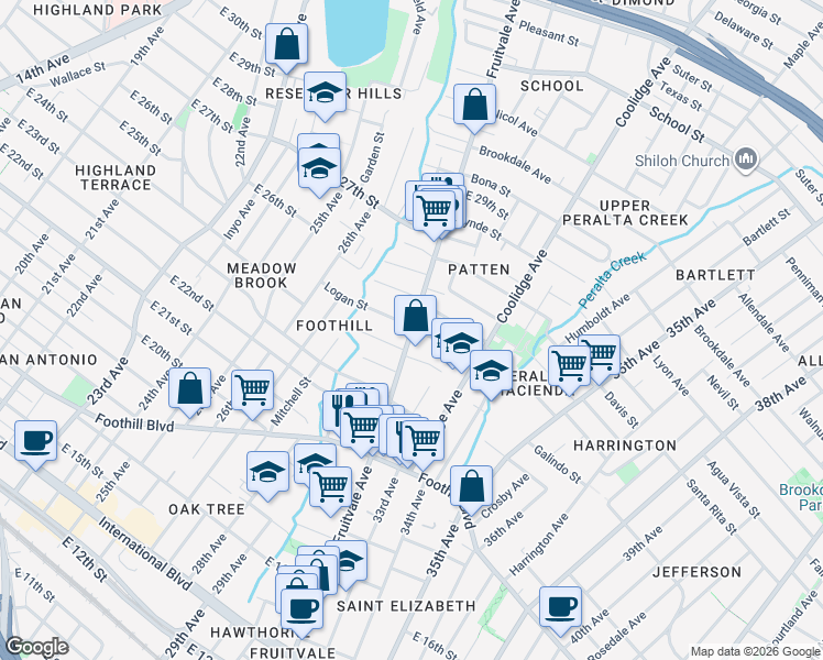 map of restaurants, bars, coffee shops, grocery stores, and more near Fruitvale Ave & Logan St in Oakland