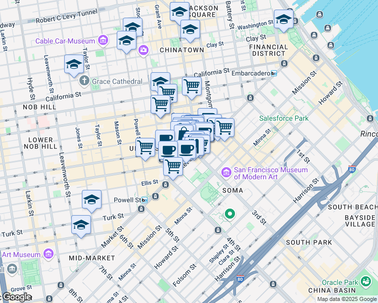 map of restaurants, bars, coffee shops, grocery stores, and more near 49 Geary Street in San Francisco