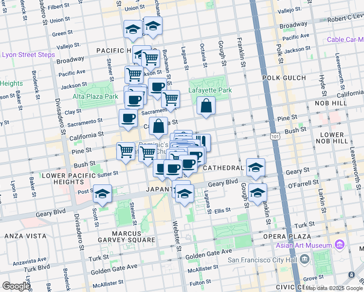map of restaurants, bars, coffee shops, grocery stores, and more near 1998 Bush Street in San Francisco