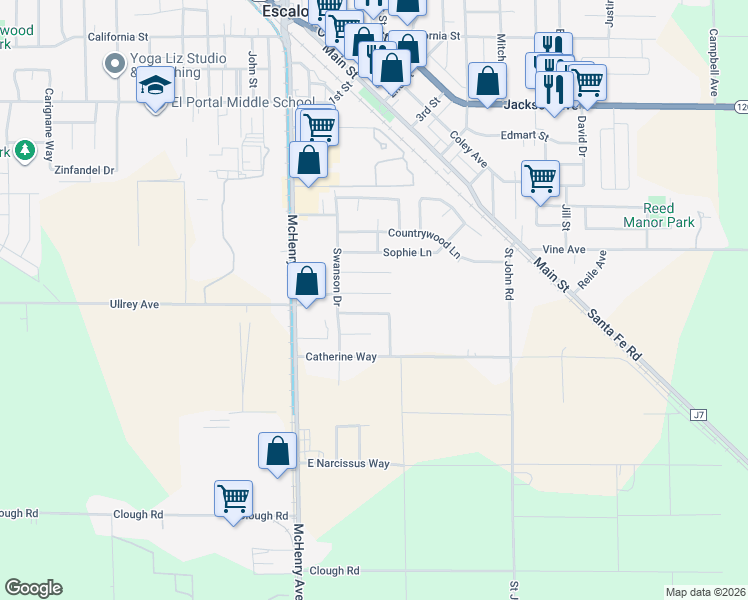 map of restaurants, bars, coffee shops, grocery stores, and more near 1536 Ullrey Avenue in Escalon