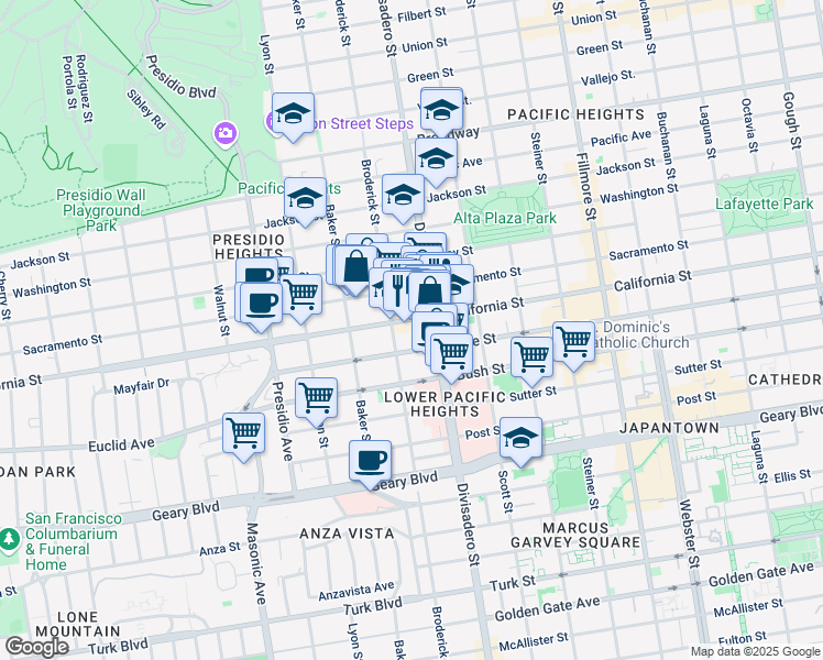 map of restaurants, bars, coffee shops, grocery stores, and more near 2890 California Street in San Francisco