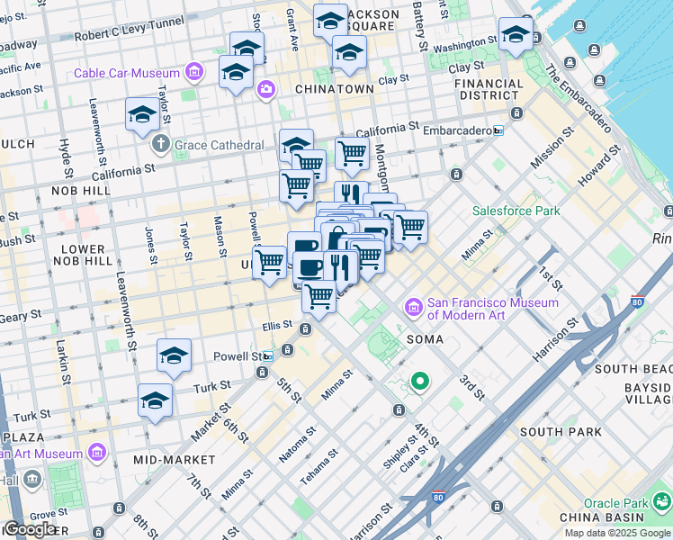 map of restaurants, bars, coffee shops, grocery stores, and more near 77 Geary Street in San Francisco