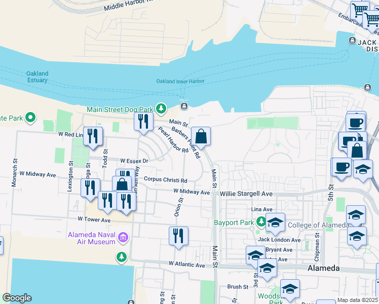 map of restaurants, bars, coffee shops, grocery stores, and more near 2830 Pearl Harbor Road in Alameda
