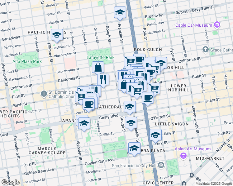 map of restaurants, bars, coffee shops, grocery stores, and more near 1511 Gough Street in San Francisco