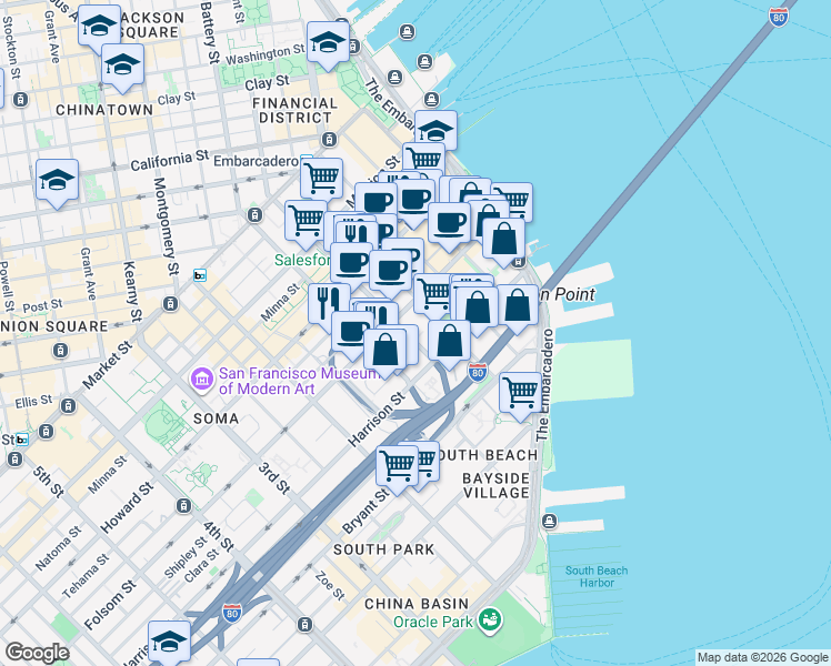 map of restaurants, bars, coffee shops, grocery stores, and more near 333 Fremont Street in San Francisco