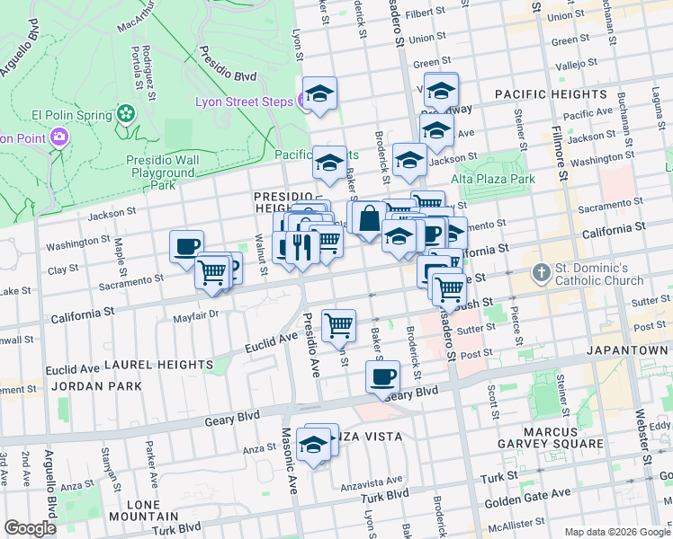 map of restaurants, bars, coffee shops, grocery stores, and more near 3098 California Street in San Francisco