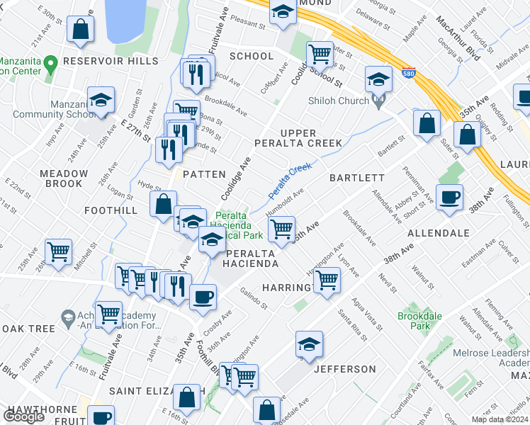map of restaurants, bars, coffee shops, grocery stores, and more near 2329 Humboldt Avenue in Oakland