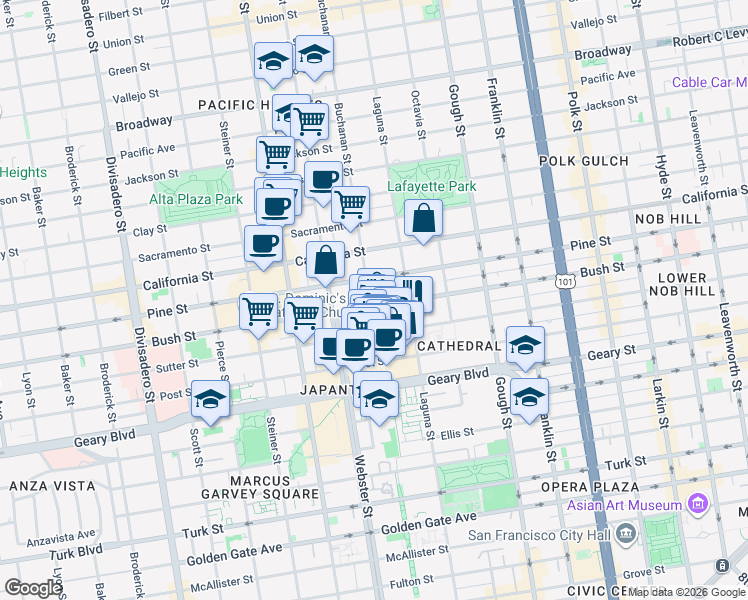 map of restaurants, bars, coffee shops, grocery stores, and more near 1998 Bush Street in San Francisco