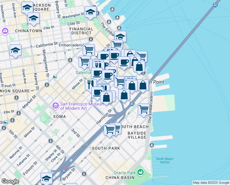 map of restaurants, bars, coffee shops, grocery stores, and more near 333 Fremont Street in San Francisco
