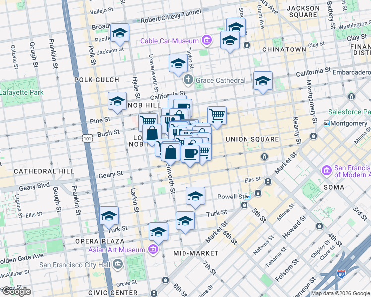 map of restaurants, bars, coffee shops, grocery stores, and more near Post St & Jones St in San Francisco