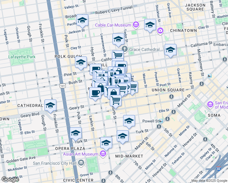 map of restaurants, bars, coffee shops, grocery stores, and more near 780 Post Street in San Francisco