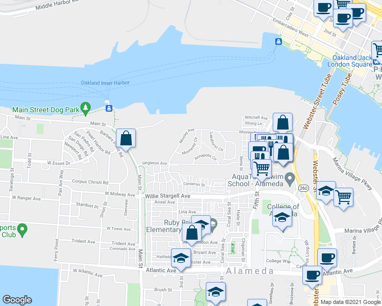 map of restaurants, bars, coffee shops, grocery stores, and more near 2004 Monterey Circle in Alameda