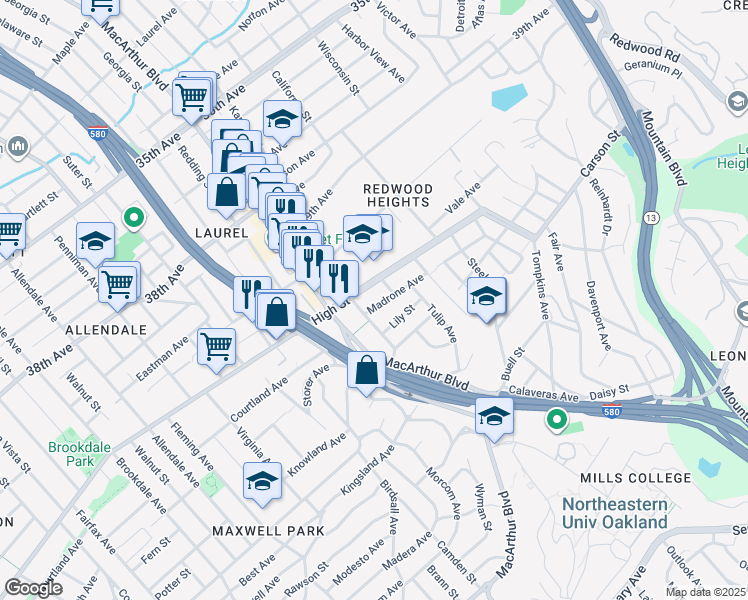 map of restaurants, bars, coffee shops, grocery stores, and more near 3678 High Street in Oakland