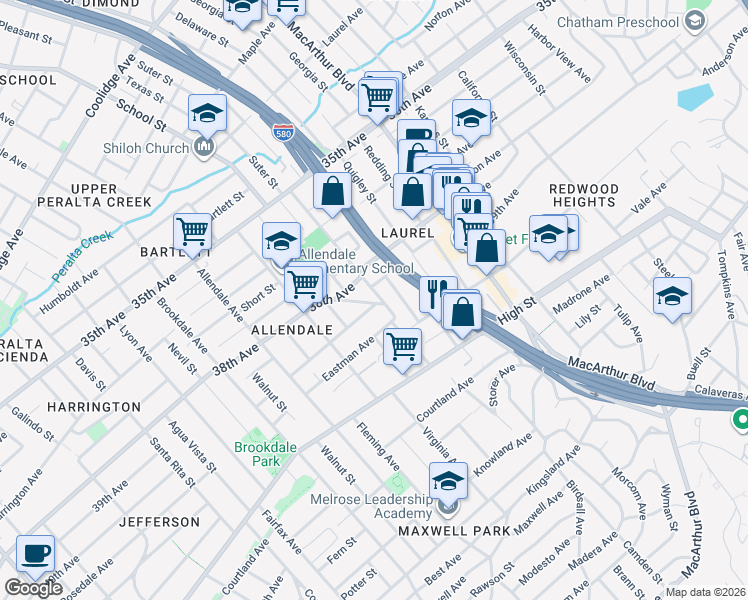 map of restaurants, bars, coffee shops, grocery stores, and more near 4012 Suter Street in Oakland