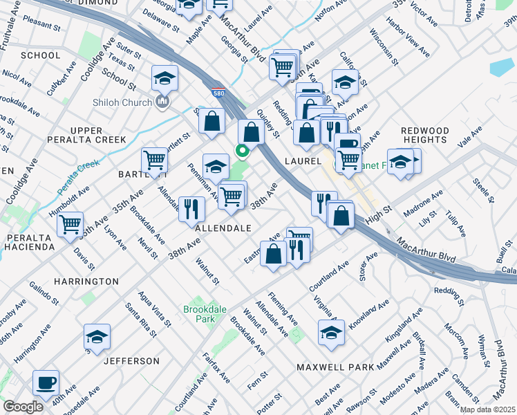 map of restaurants, bars, coffee shops, grocery stores, and more near 6 38th Avenue in Oakland