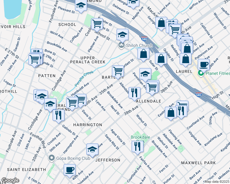 map of restaurants, bars, coffee shops, grocery stores, and more near 2625 Octavia Street in Oakland