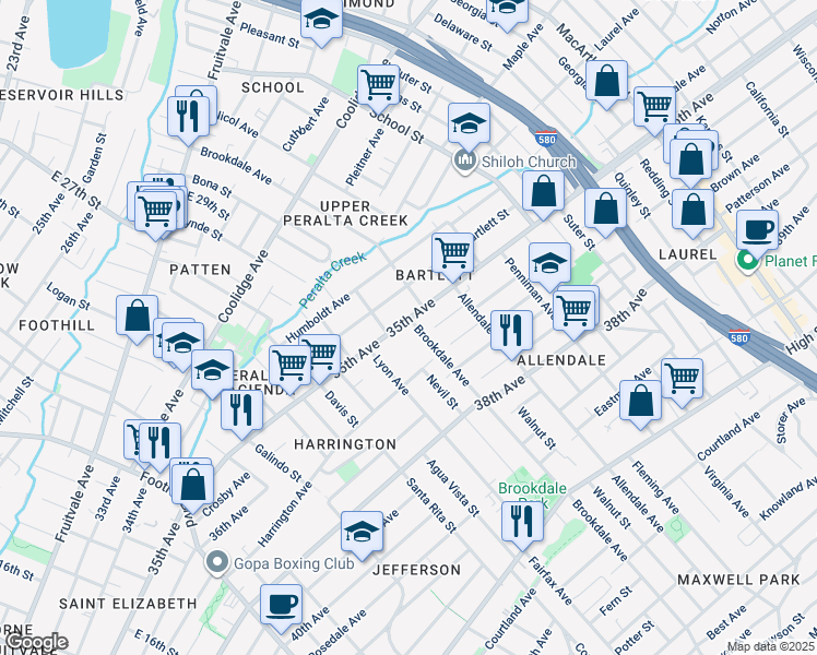 map of restaurants, bars, coffee shops, grocery stores, and more near 2565 35th Avenue in Oakland