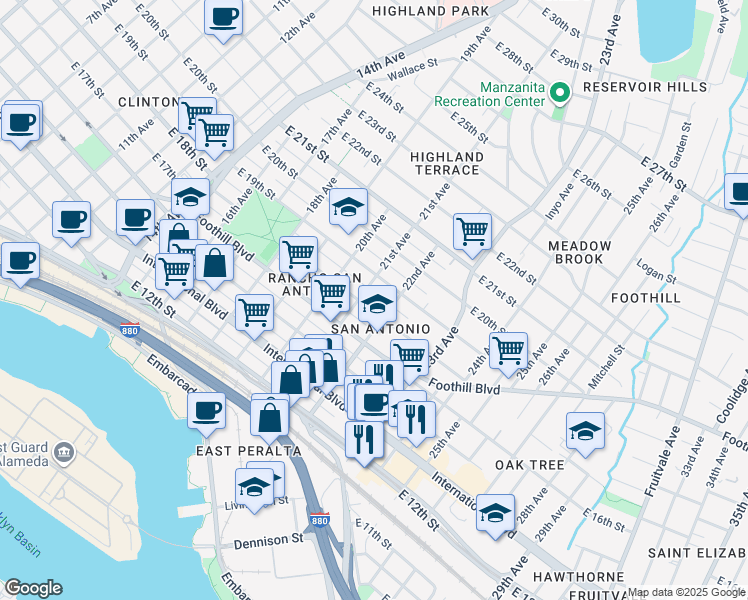 map of restaurants, bars, coffee shops, grocery stores, and more near 1717 21st Avenue in Oakland