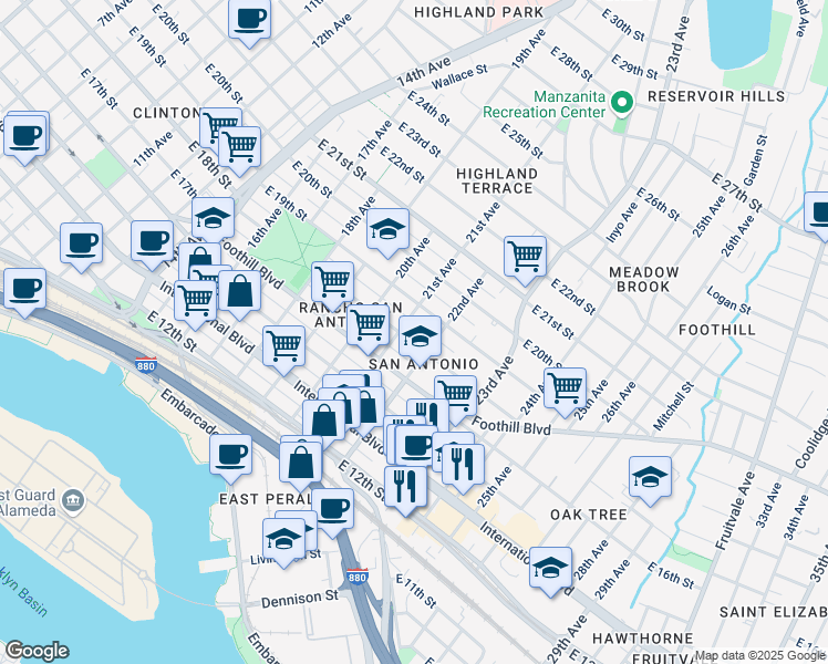 map of restaurants, bars, coffee shops, grocery stores, and more near 1717 21st Avenue in Oakland