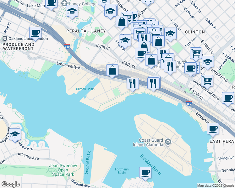 map of restaurants, bars, coffee shops, grocery stores, and more near 89 Clinton Lane in Oakland