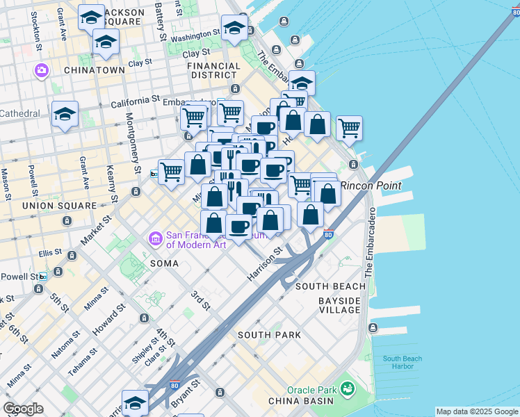 map of restaurants, bars, coffee shops, grocery stores, and more near 400 Folsom Street in San Francisco