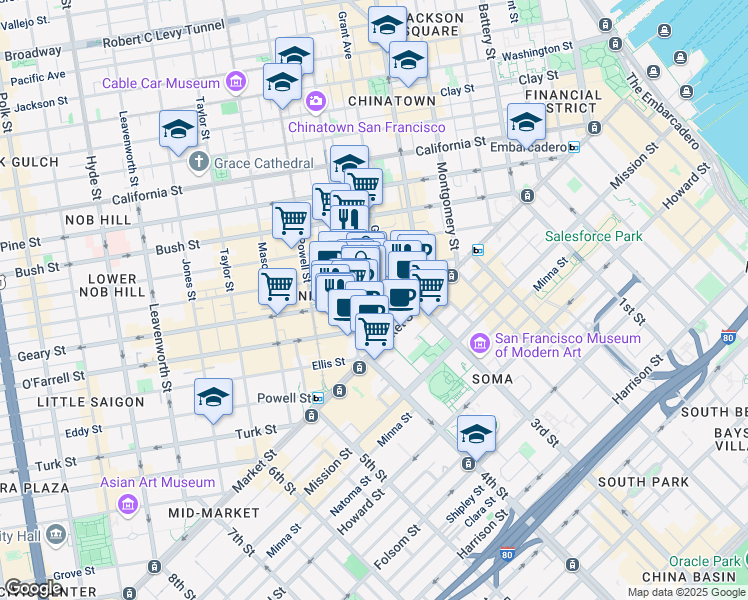 map of restaurants, bars, coffee shops, grocery stores, and more near 39 Grant Avenue in San Francisco