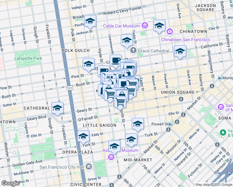 map of restaurants, bars, coffee shops, grocery stores, and more near 736 Leavenworth Street in San Francisco