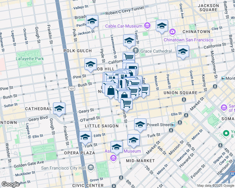 map of restaurants, bars, coffee shops, grocery stores, and more near 736 Leavenworth Street in San Francisco