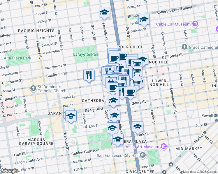 map of restaurants, bars, coffee shops, grocery stores, and more near 1613 Bush Street in San Francisco