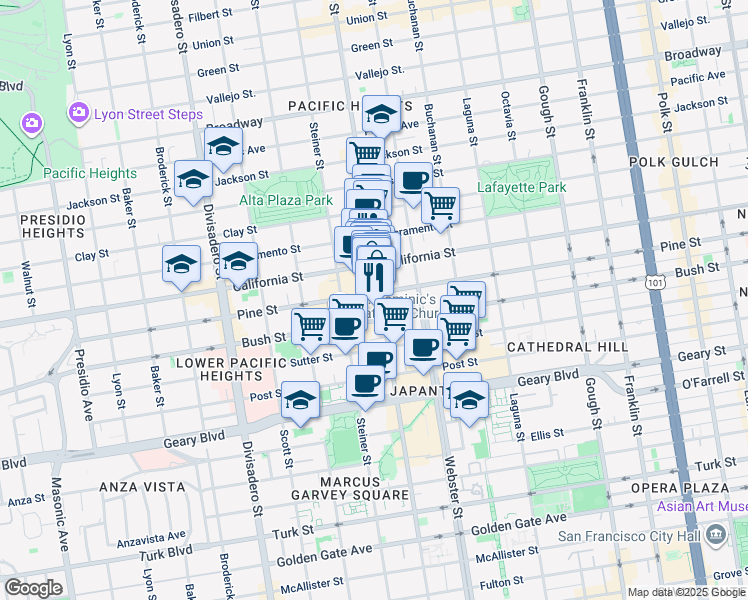 map of restaurants, bars, coffee shops, grocery stores, and more near 2352 Pine Street in San Francisco