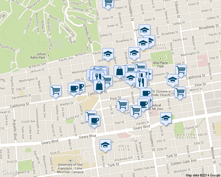 map of restaurants, bars, coffee shops, grocery stores, and more near 1814 Lyon Street in San Francisco