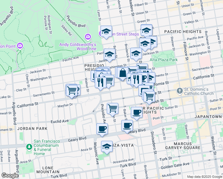 map of restaurants, bars, coffee shops, grocery stores, and more near 1814 Lyon Street in San Francisco