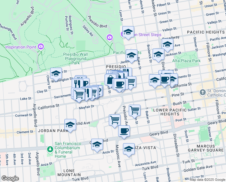 map of restaurants, bars, coffee shops, grocery stores, and more near 3365 Sacramento Street in San Francisco