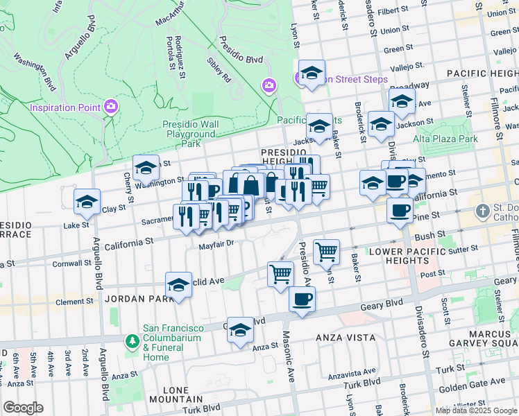 map of restaurants, bars, coffee shops, grocery stores, and more near 3450 Sacramento Street in San Francisco