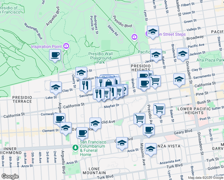 map of restaurants, bars, coffee shops, grocery stores, and more near 3621 Clay Street in San Francisco