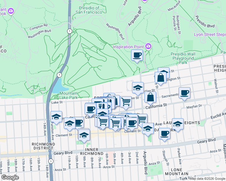 map of restaurants, bars, coffee shops, grocery stores, and more near 32 5th Avenue in San Francisco