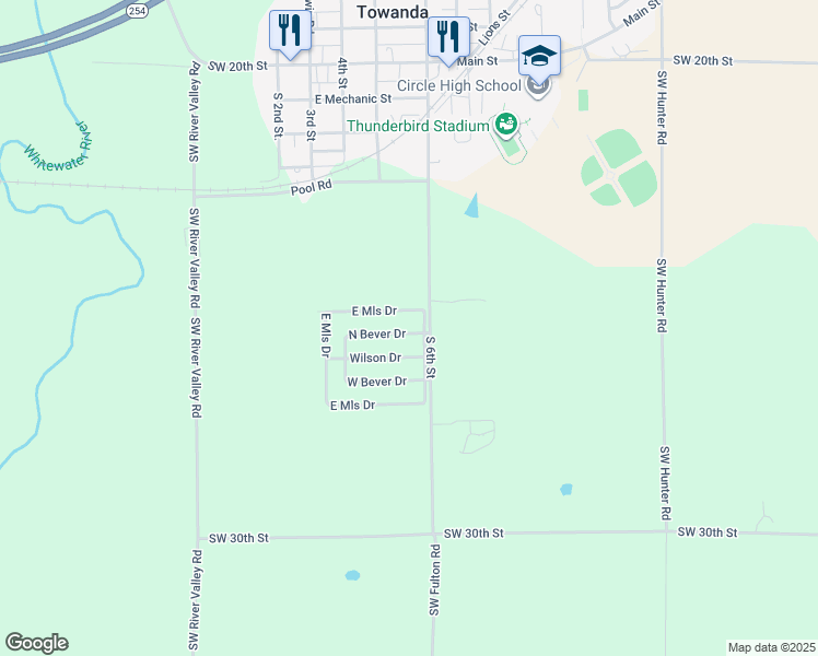 map of restaurants, bars, coffee shops, grocery stores, and more near 606 North Mills Drive in Towanda