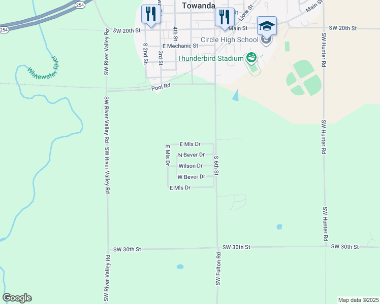 map of restaurants, bars, coffee shops, grocery stores, and more near 620 North Mills Drive in Towanda