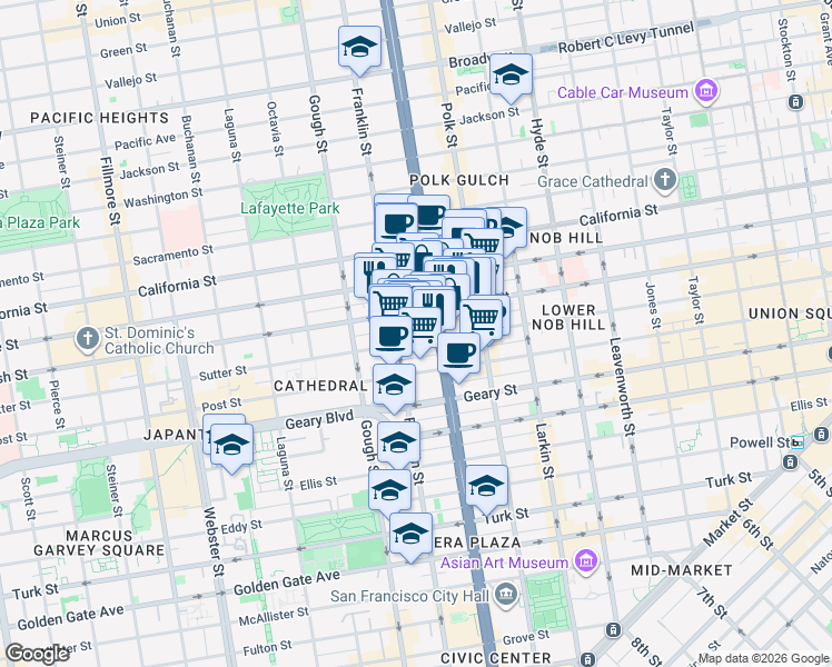 map of restaurants, bars, coffee shops, grocery stores, and more near 1306 Fern Street in San Francisco