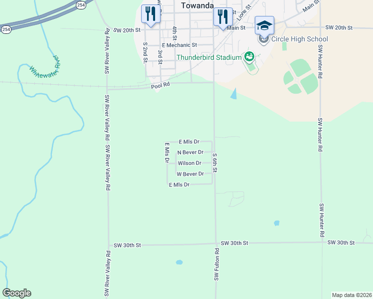 map of restaurants, bars, coffee shops, grocery stores, and more near 783 North Bever Drive in Towanda