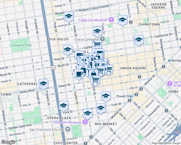 map of restaurants, bars, coffee shops, grocery stores, and more near 711 Leavenworth Street in San Francisco