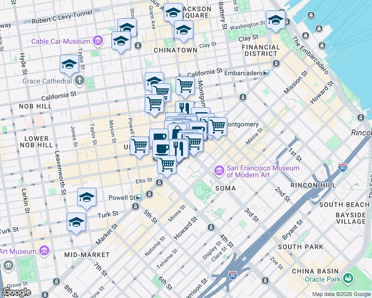 map of restaurants, bars, coffee shops, grocery stores, and more near 58 Geary Boulevard in San Francisco