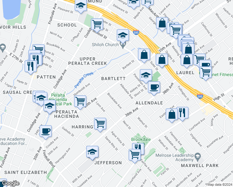 map of restaurants, bars, coffee shops, grocery stores, and more near 2636 Octavia Street in Oakland