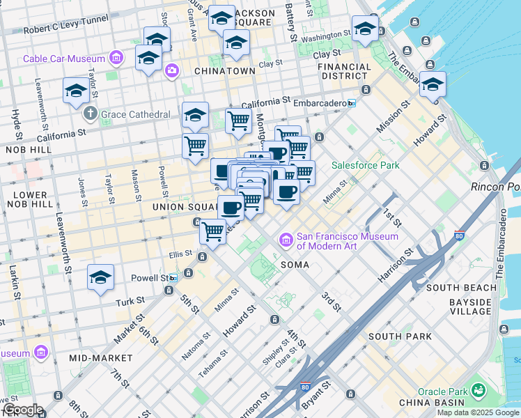 map of restaurants, bars, coffee shops, grocery stores, and more near 685 Market Street in San Francisco
